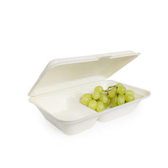 Compostable Clamshells Containers with 2 Compartments (White Bagasse)