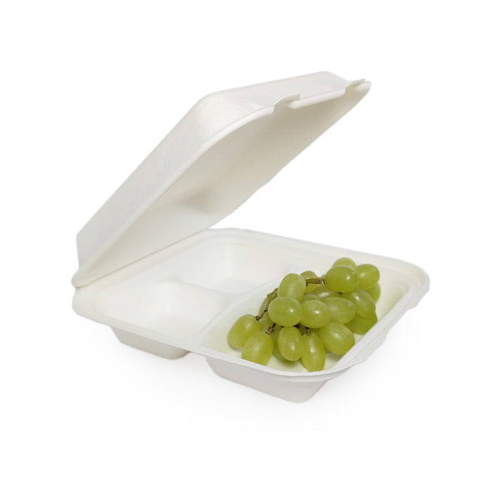 Compostable Clamshells with 3 Compartments (Bagasse) | Compostable.ca
