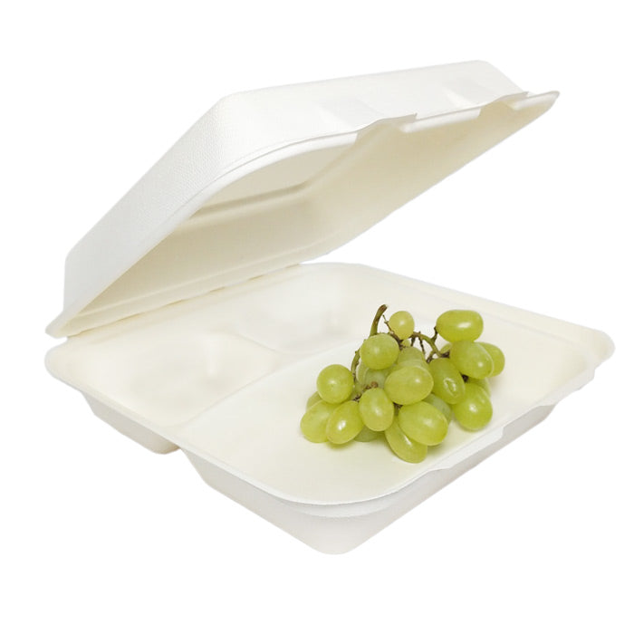 Compostable Clamshells with 3 Compartments (Bagasse) | Compostable.ca