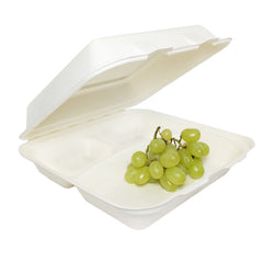Compostable Clamshells with 3 Compartments (Bagasse)
