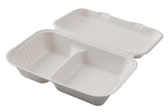 Compostable Clamshells Containers with 2 Compartments (White Bagasse)