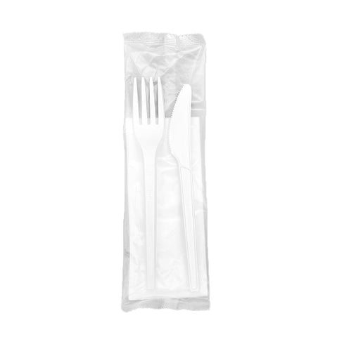 Compostable Cutlery Set: Fork, Knife, Napkin (White PLA)