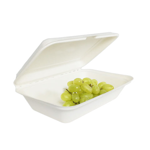 Compostable Rectangular Clamshell Containers (PFAS-Free White Bagasse)