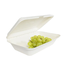 Compostable Rectangular Clamshell Containers (PFAS-Free White Bagasse)