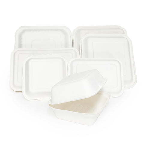 Compostable Square Clamshell Containers (PFAS-Free White Bagasse)