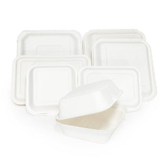 Compostable Square Clamshell Containers (PFAS-Free White Bagasse)